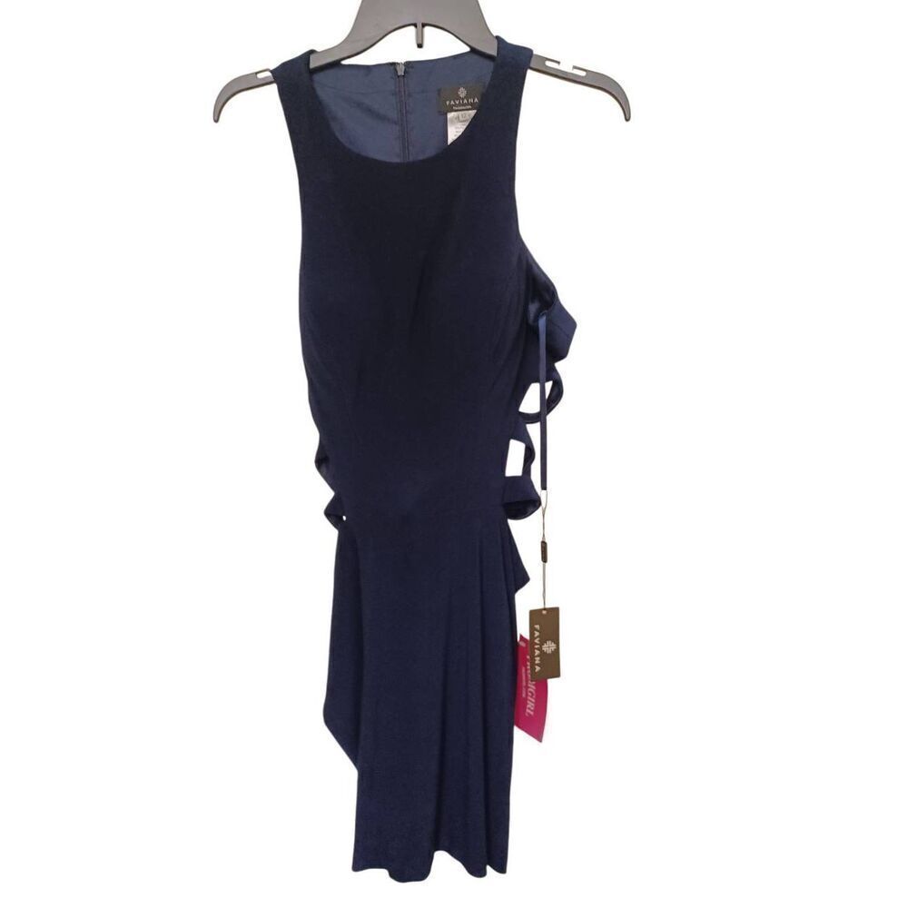 Faviana Short Sleeveless Dress with Side and Back Cut-Outs Color Navy Blue Size - Picture 2 of 5